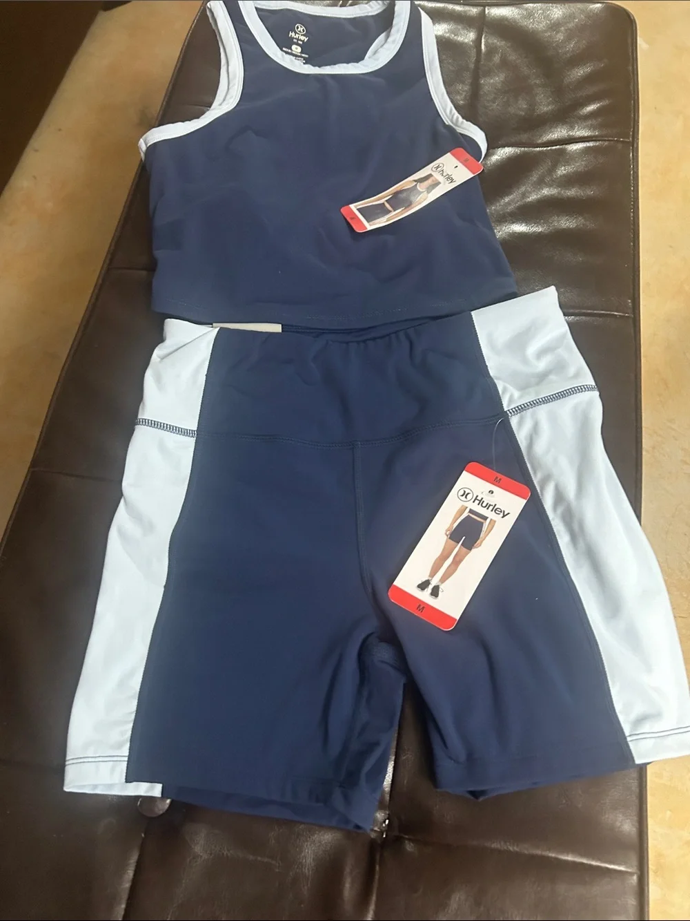 Hurley Navy and Light Blue Athletic Crop Top with Matching Bike Shorts